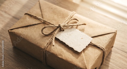 A rustic gift box wrapped in brown craft paper with a twine bow and a blank white tag