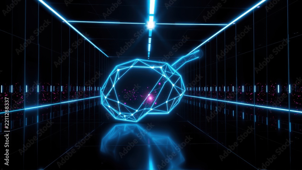Fototapeta premium Neon lines form tunnel, glowing sphere center. Reflections visible polished floor. Futuristic, digital aesthetic dominates composition.