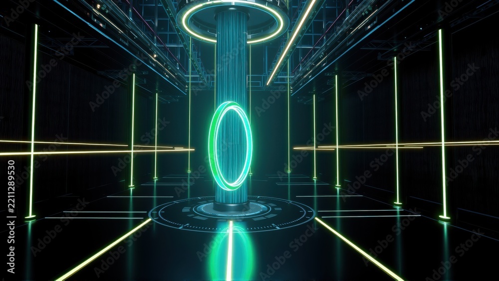 Fototapeta premium Futuristic interior. Glowing neon lines form geometric shapes. Central pillar with circular light element. Dark background creates depth.