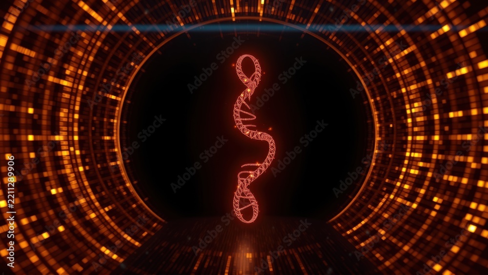Fototapeta premium Glowing DNA helix centered within circular digital tunnel. Orange illumination creates futuristic, technological aesthetic. Dark background emphasizes central form.