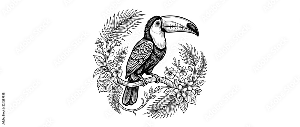 Obraz premium Exotic Toucan Bird Sitting on Branch with Tropical Leaves and Flowers