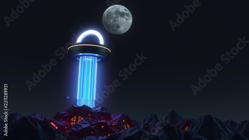 Futuristic tower glows brightly against dark sky. Mountains surround base, illuminated by neon light. Moon hangs above structure.
