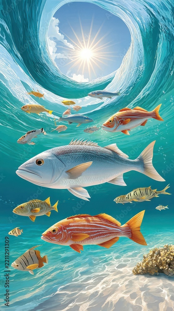 Fototapeta premium Sunlit ocean wave tunnel with silver and orange striped fish swimming over sandy seabed, coral reef edge visible, underwater marine life scene