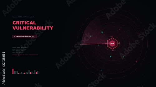 4K loop animation of a futuristic cybersecurity interface scanning network nodes, analyzing data packets, and detecting system vulnerabilities with rotating HUD elements.