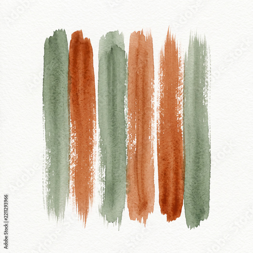 Minimalist vertical watercolor brush strokes in sienna and sage green on textured white paper background