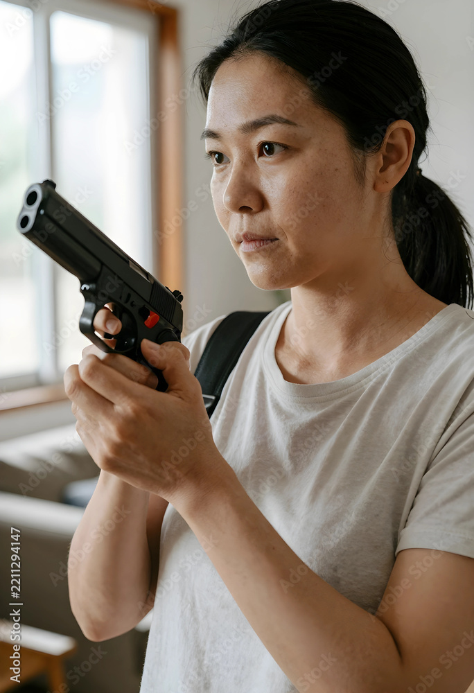 Fototapeta premium Self defense and personal safety, woman holding a handgun for home protection and security in a residential indoor setting with a serious expression