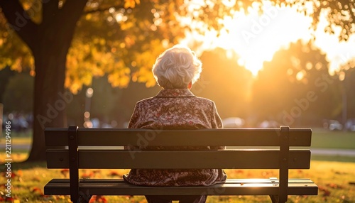 Grandmother Resting on a Park Bench Surrounded by Trees and Tranquil Nature