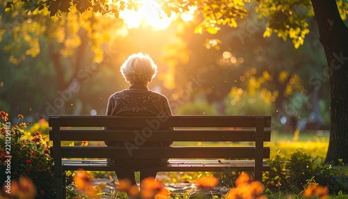 Back View of a Grandmother Sitting on a Park Bench in a Beautiful Green Park
