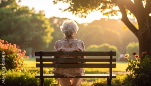 Grandmother Sitting Alone on a Park Bench in a Peaceful Outdoor Park Setting