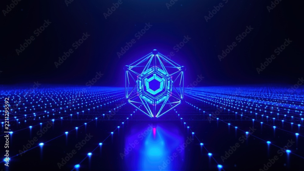 Fototapeta premium Glowing blue geometric structure dominates dark space. Lines converge toward central point, creating tunnel effect. Digital art.