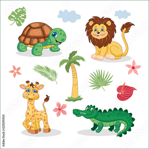 Cartoon animals gather in a sunny, tropical setting rhinoceros, hippopotamus, elephant, bison