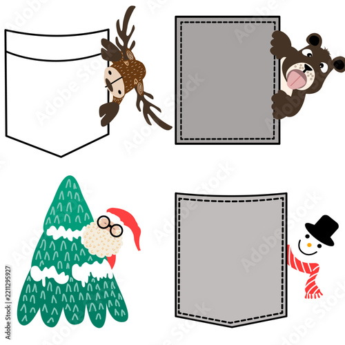 Cute cartoon characters and elements peeking out from pocket and border frame set
