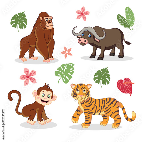 Cartoon animals gather in a sunny, tropical setting monkey, buffalo, gorilla, tiger