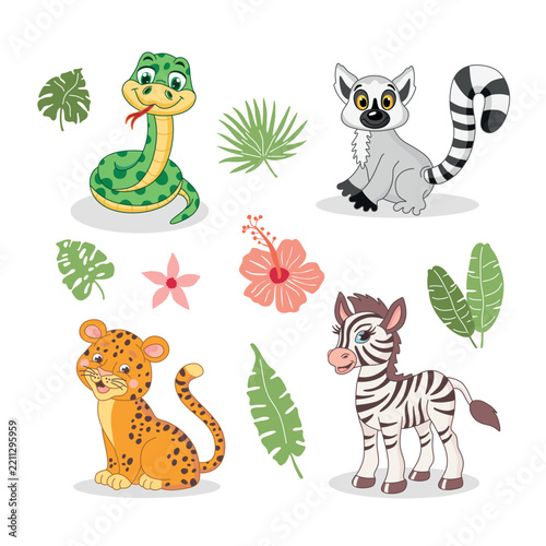 Cartoon animals gather in a sunny, tropical setting snake, lemur, leopard, zebra,