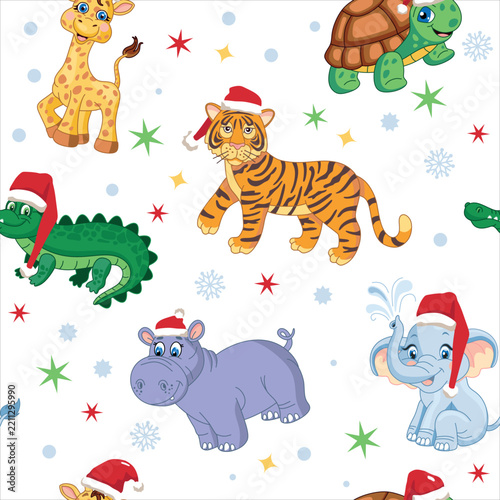 Christmas african jungle animals seamless pattern in a Santa hat, turtle, giraffe, hippopotamus, tiger, crocodile, elephant. New year characters, holiday mascot, vector cartoon flat isolated