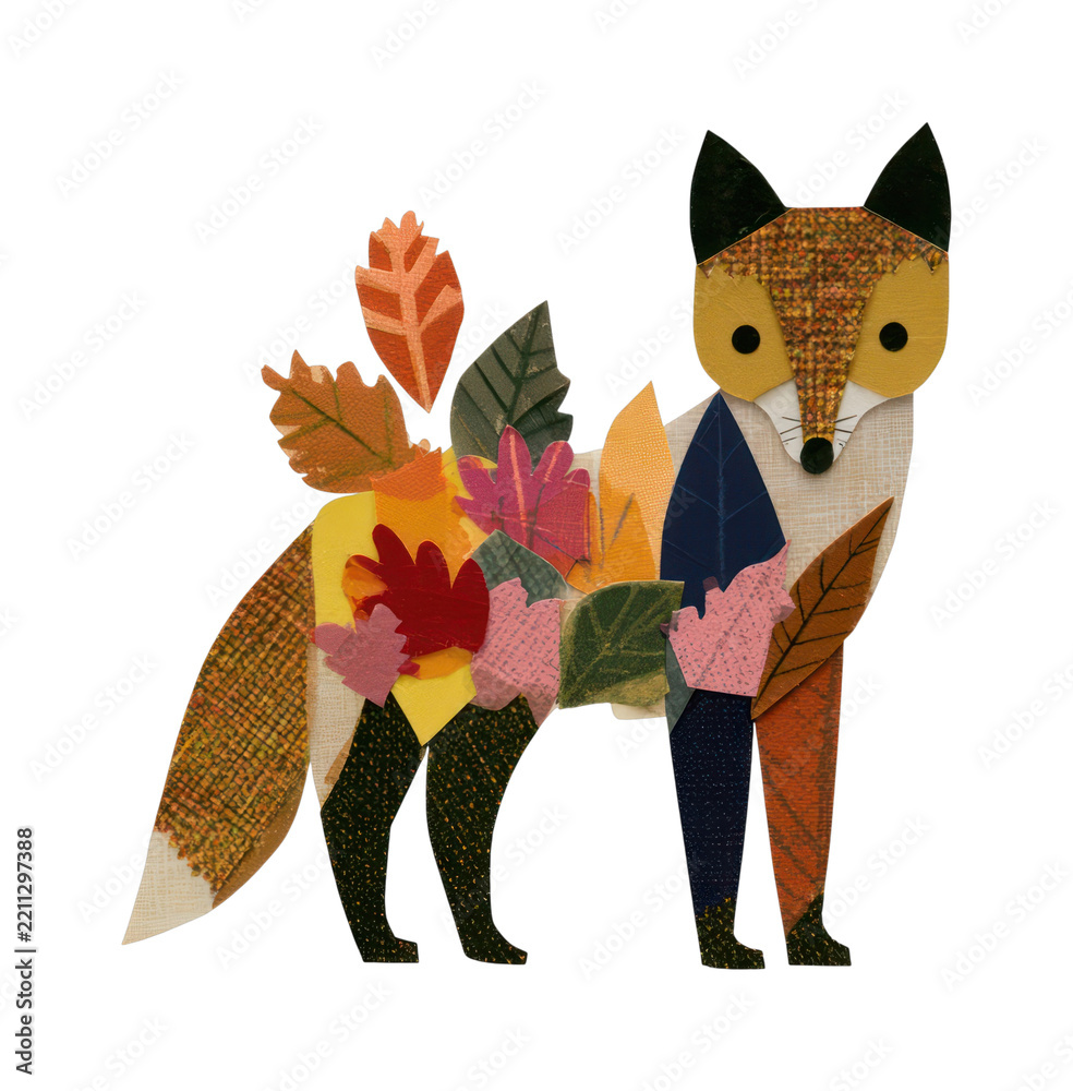 Obraz premium Colorful fox illustration with autumn leaves, PNG on transparent background.