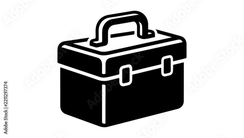 Black silhouette of a portable toolbox with handle and latches, representing tools, storage, repair, maintenance and handyman work in workshops icon on white background