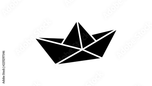 Minimal black origami paper boat silhouette on a white background, evoking playfulness, childhood memories, on white background