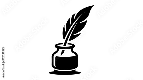 Black silhouette of a feather quill in an inkwell, evoking writing, calligraphy and literary tradition. Simple monochrome icon communicates creativity on white background