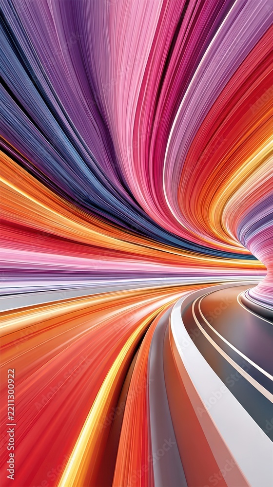 Fototapeta premium Swirling colorful light filaments forming endless tunnel with vibrant red orange purple and blue streaks converging into curved vortex