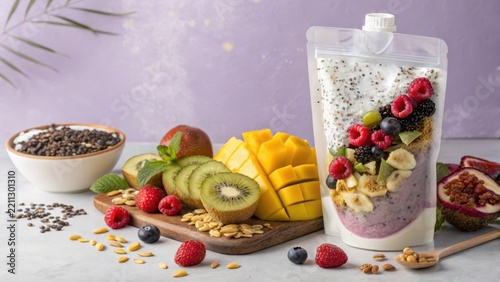 Transparent Smoothie Pouch Filled With Fresh Fruits and Oats, Served Alongside Sliced Mango and Kiwi on a Wooden Board