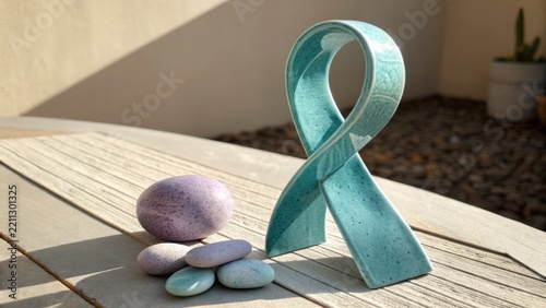 Turquoise Ceramic Ribbon Sculpture With Smooth Stones Displayed Outdoors