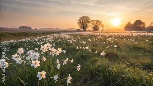 Vast field of soft white daffodils in bloom under warm sunrise light, showcasing tranquil spring landscape.