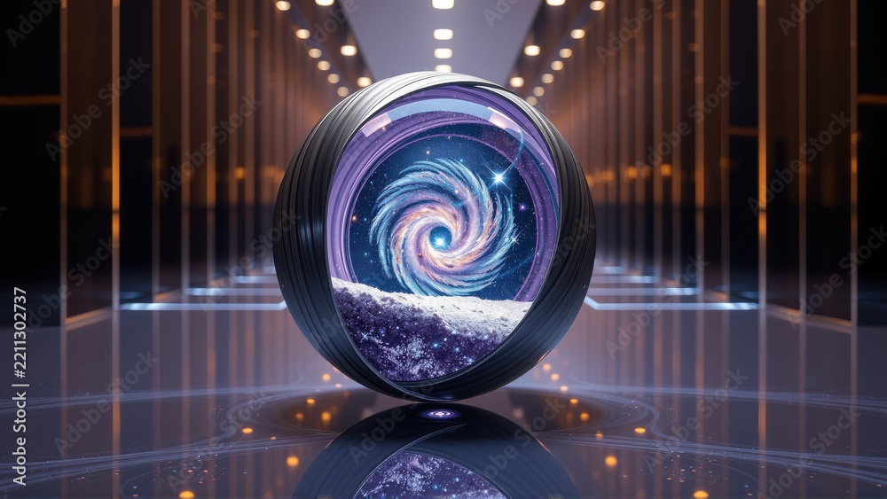 Fototapeta premium Futuristic sphere displays swirling galaxy. Reflective floor mirrors scene, creating infinite tunnel illusion. Dramatic lighting enhances depth.