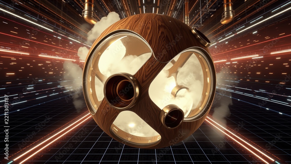Fototapeta premium Wooden sphere with jet engines. Futuristic tunnel background. Smoke trails emanate from propulsion systems. Dramatic lighting creates intense visual impact.