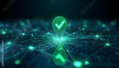 Glowing digital location pin with checkmark on a futuristic network