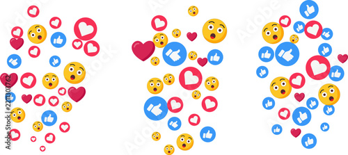 Social Media Reactions Vector Set Featuring Mixed Flying Hearts, Surprised Wow Emojis, and Like Thumbs Up Icons for Live Streaming Engagement