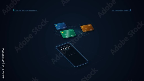 3D isometric motion graphic loop of a smartphone expanding a revolving carousel of virtual credit cards with glowing EMV chips and encrypted transaction rings.