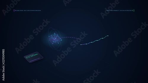 3D isometric motion graphic loop of an artificial intelligence digital neural brain forecasting financial stock trends, consumer demand waves, and market probabilities.