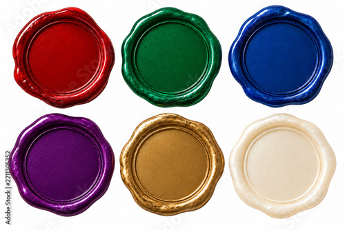 Six colorful blank wax seals isolated on white background