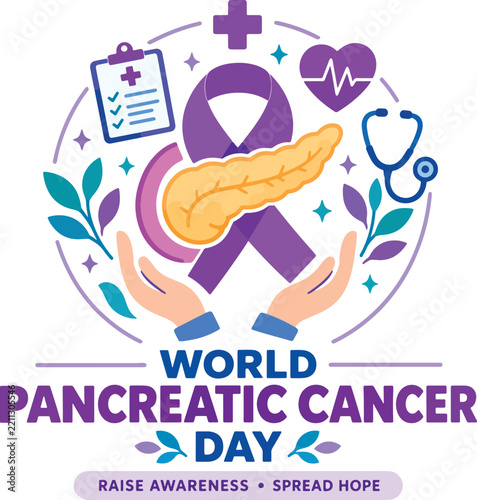 World Pancreatic Cancer Day Awareness Design With Pancreas Illustration And Purple Ribbon Flat Vector