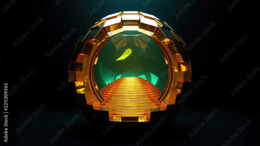 Fototapeta premium Geometric sphere contains glowing staircase descending into darkness. Teal interior contrasts warm orange exterior lighting. Minimalist design.