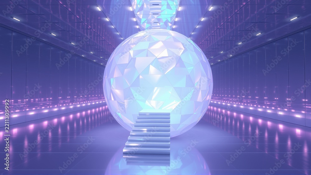 Fototapeta premium Futuristic interior features glowing sphere, steps leading upwards. Purple lighting creates dramatic, symmetrical perspective. Minimalist design.
