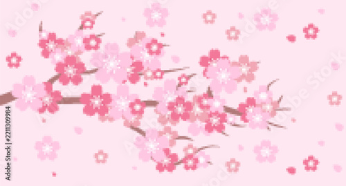 Pixel pink sakura flower background. Cherry blossom branch with sakura flower. Cherry blossom branch pixel art illustration. Pixel game graphic style