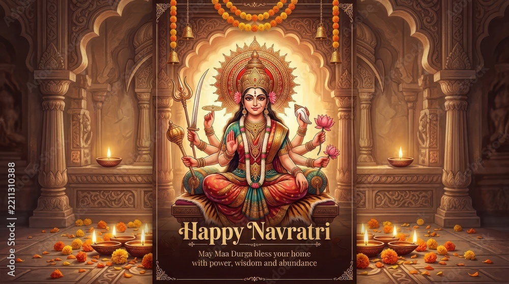 Fototapeta premium Happy navratri goddess durga sitting on a tiger in a temple surrounded by lit diyas and flowers banner.