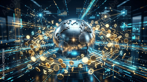 Digital metallic Earth globe surrounded by orbiting gold coins and glowing financial tech network lines in dark modern datacenter.