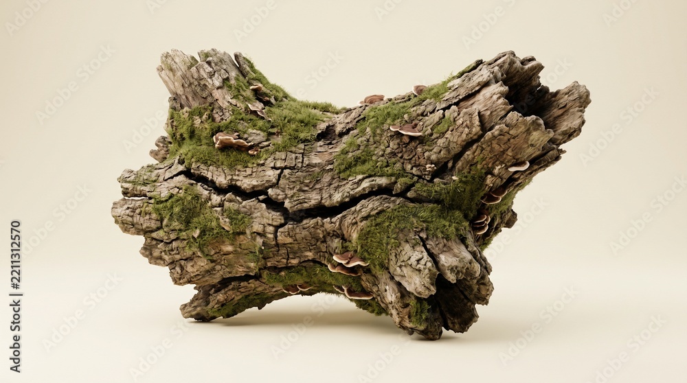 Fototapeta premium Fragment of ancient weathered deadwood covered in soft emerald moss and tiny natural fungi, deeply cracked bark, irregular organic shape, dark woodland atmosphere, isolated against a completely plain 
