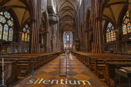 FREIBURG, GERMANY, JULY 10, 2025 - The interior of the magnificent Freiburg im Breisgau Cathedral in Germany.