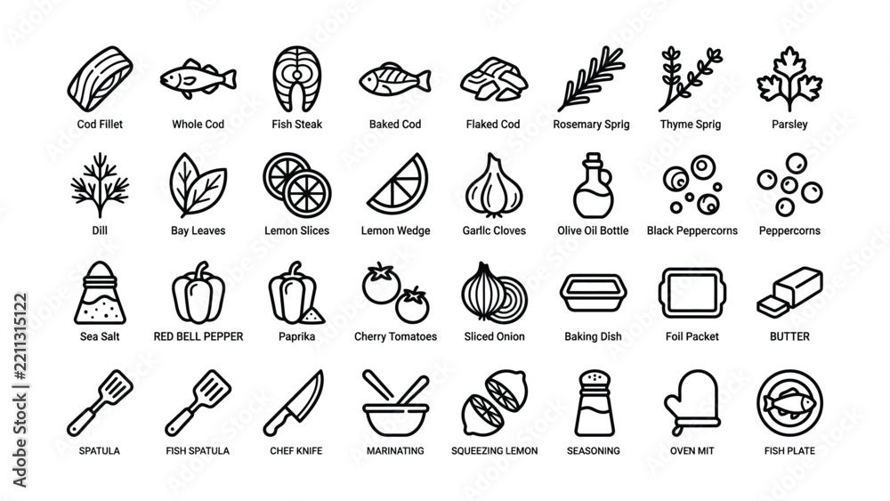 Fototapeta premium A set of simple black line art icons featuring fresh ingredients and cooking utensils for a fish recipe guide