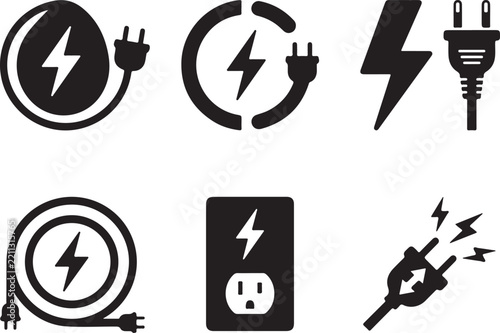 Set of electrical icons featuring power plugs, lightning bolts, and power outlets in a simple flat vector style