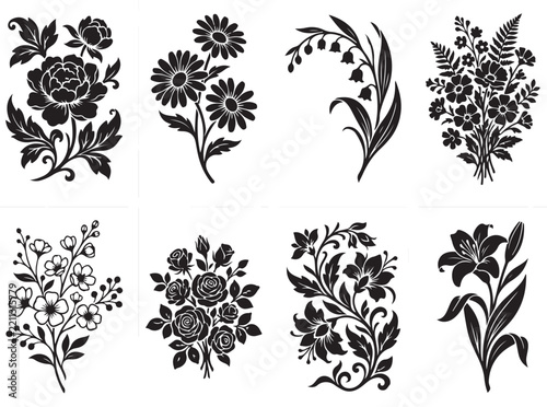 Set of beautiful floral silhouettes, vintage botanical illustrations of various flowers and bouquets