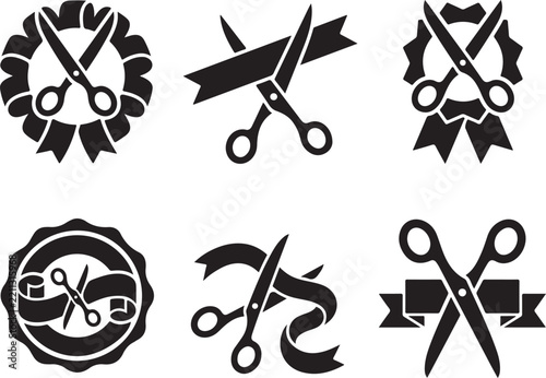 Set of ribbon cutting ceremony icons with scissors and decorative ribbons