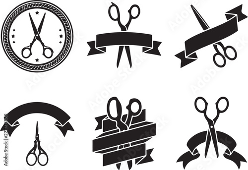 Set of barber shop logo templates with scissors and ribbons, vintage vector emblems for hair salon or tailor shop
