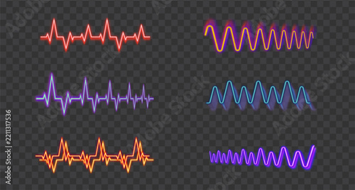 Isolated vector sound and light waves. A set of digital sound and light wave effects of various frequencies on a transparent background.