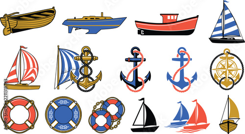 Wooden rowboat speed motorboat trawler vessel sailboat anchor lifebuoy ring compass rose nautical maritime navigation offshore sea voyage