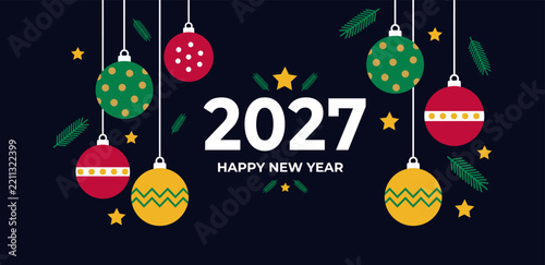 2027 Happy New Year Dark Banner with Hanging Baubles
